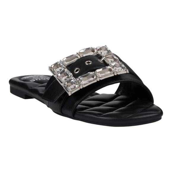 GC Women's Bianca Rhinestone Buckle Flat Sandals Black Size 6 1/2 - Picture 1 of 4